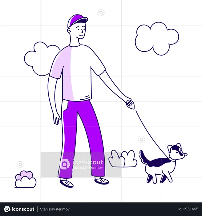 Guy walking with pet dog  Illustration