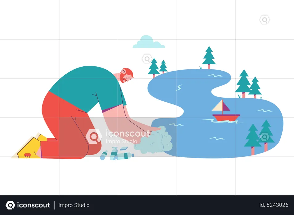 Guy Wash His Hand in The Lake  Illustration