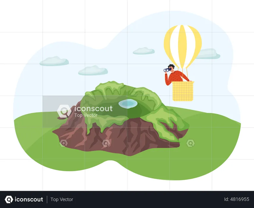 Guy with binoculars in hot air balloon flies near mountain with lake  Illustration