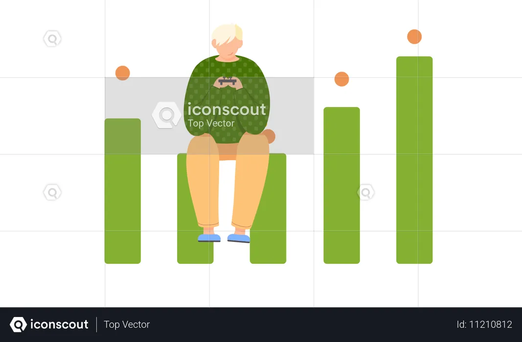 Guy with  gamepad in his hands sits on bar graph column  Illustration