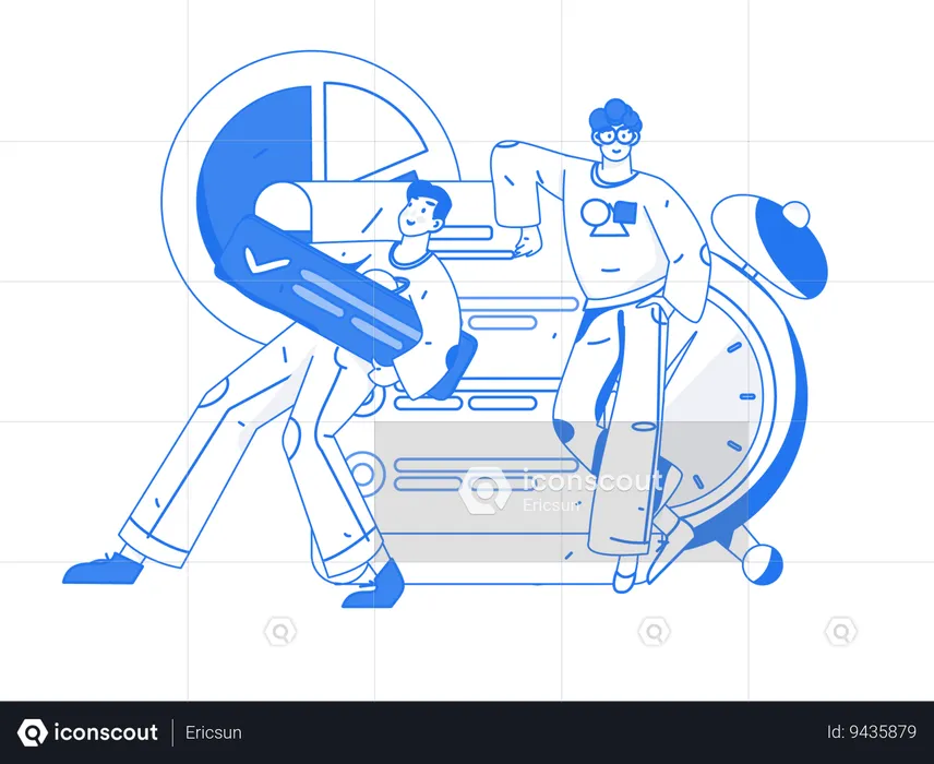 Guys checking business task with time deadline  Illustration