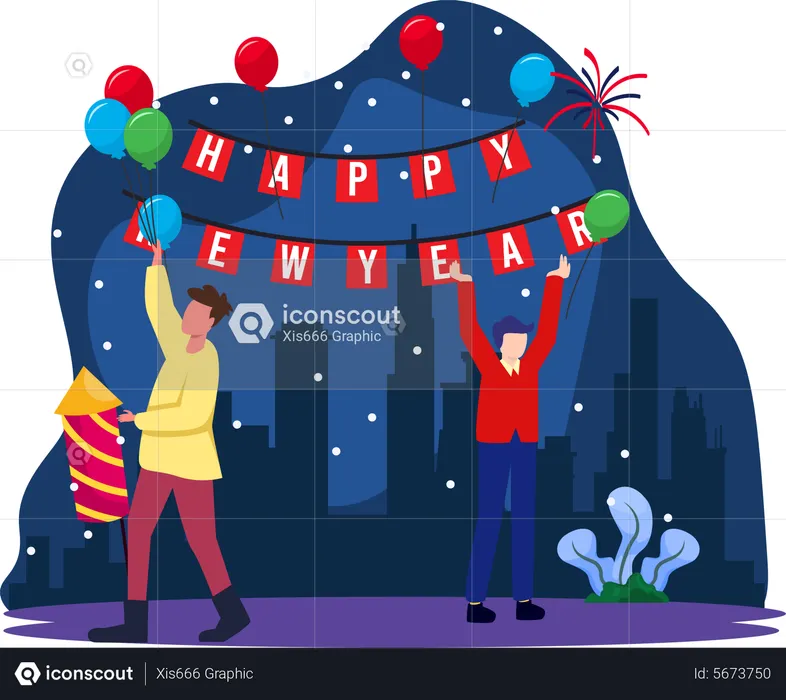 Guys Decorating For New Year Party  Illustration