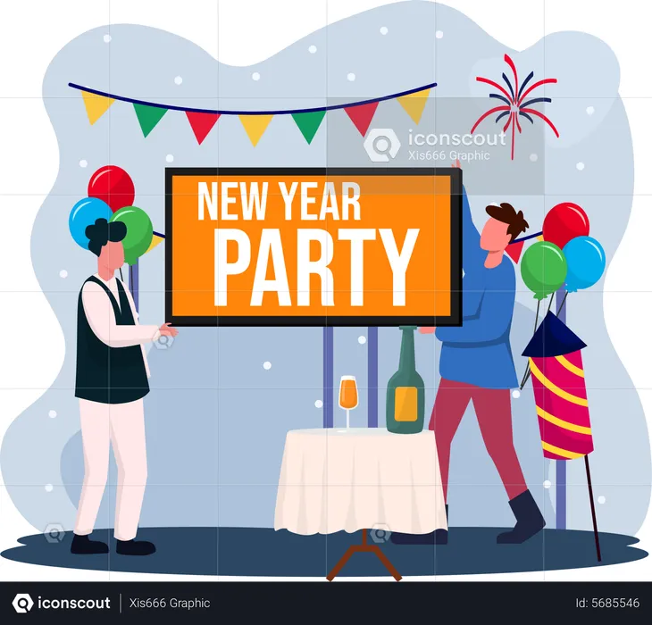 Guys Doing Decoration For New Year Party  Illustration