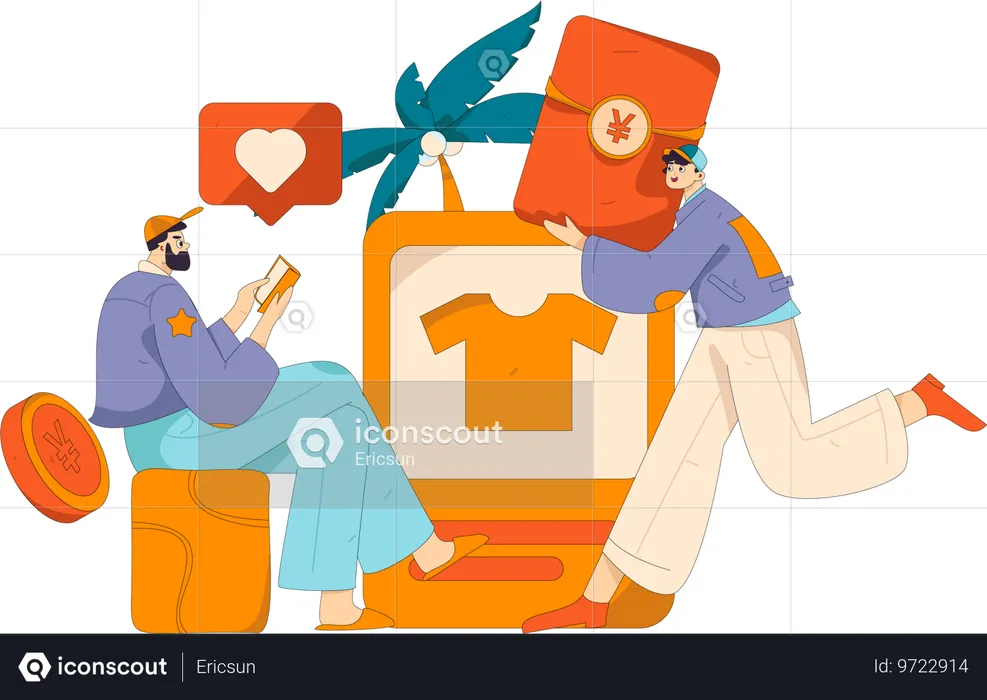 Guys doing online shopping using mobile  Illustration
