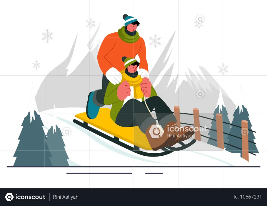 Guys in Winter enjoying Luge Sledding  Illustration