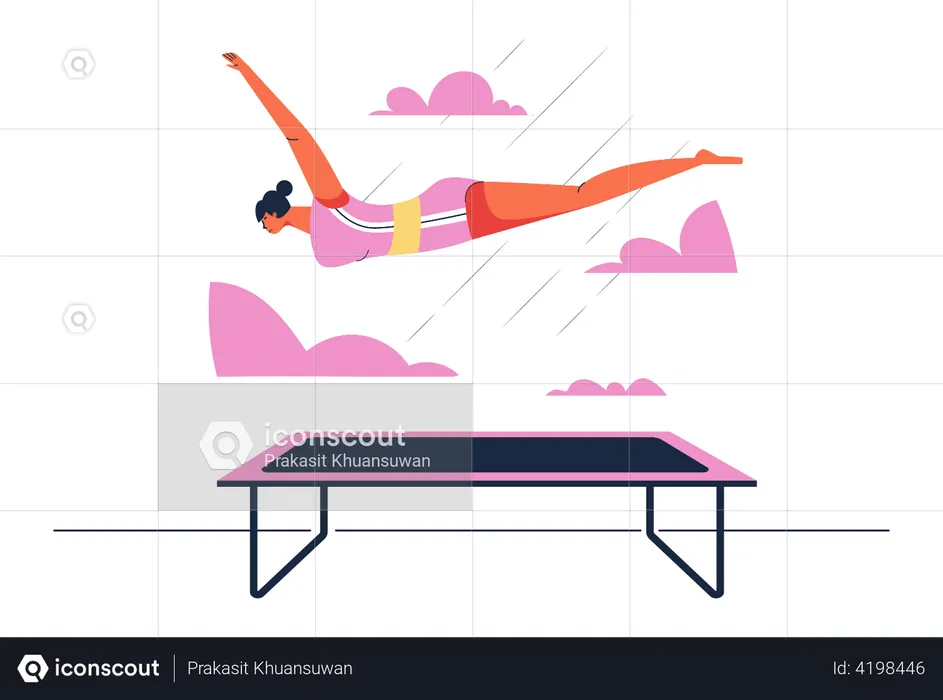 Gymnast girl with flying in the air pose after using springs board  Illustration