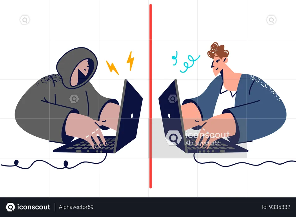 Hacker se comunicando com funcionário usando laptop  Ilustração