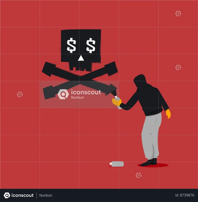 Hacker spraying skull and money in wall  Illustration