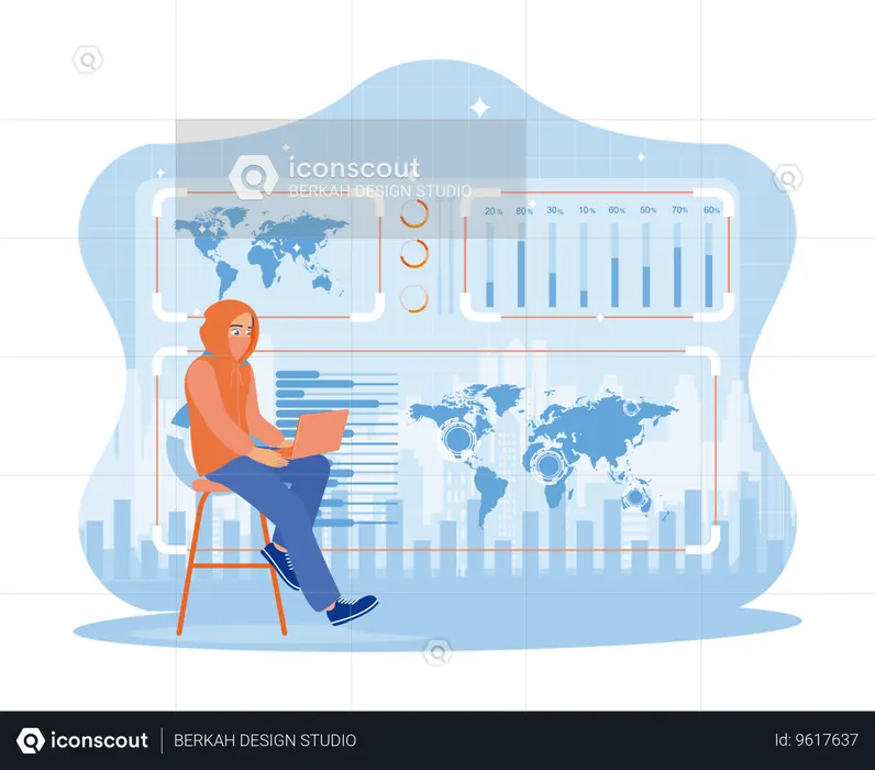 Hacker Using Creative Glowing Business Chart With  Map  Illustration