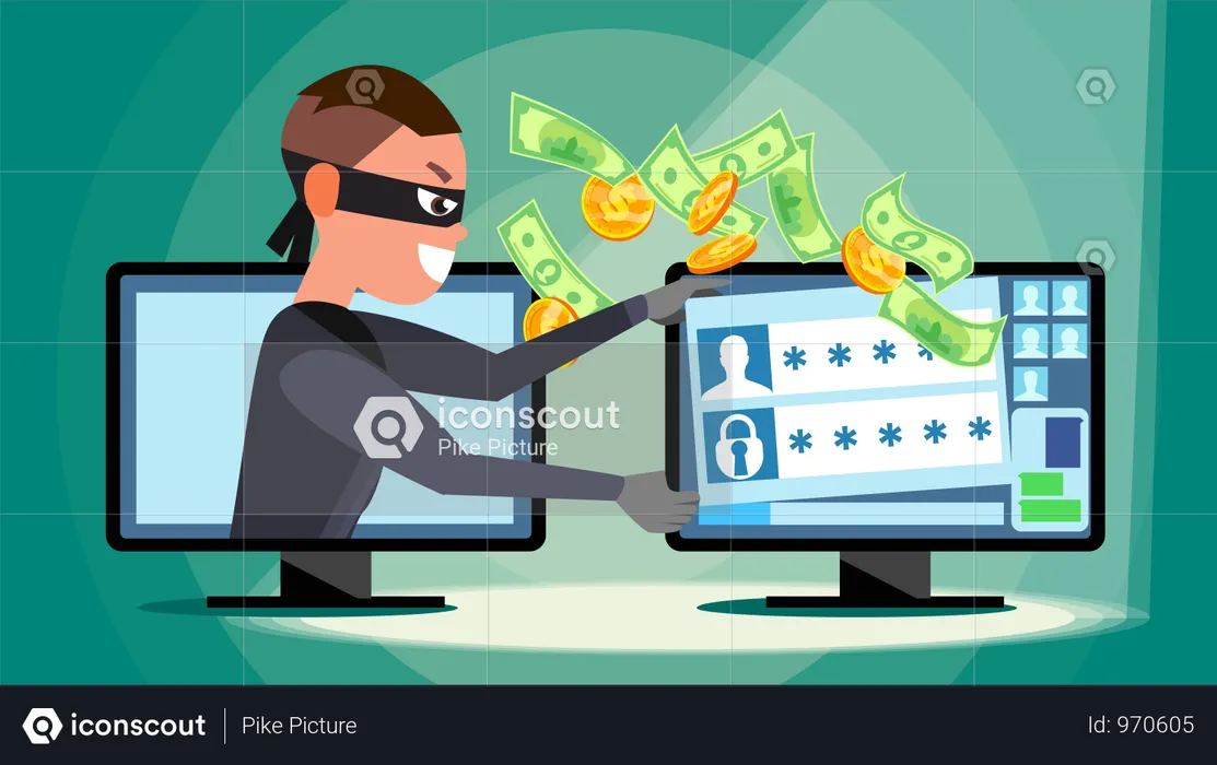 개인용 컴퓨터를 사용하여 신용 카드 정보, 개인 데이터, 돈을 훔치는 해커  일러스트레이션