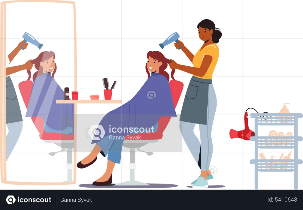 Hairdresser Master doing Haircut for Girl Drying Hair with Fan in front of the Mirror  Illustration