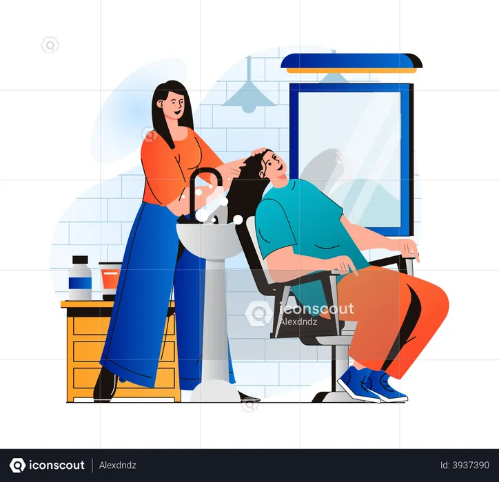 Hairdresser washes client hair before cutting  Illustration