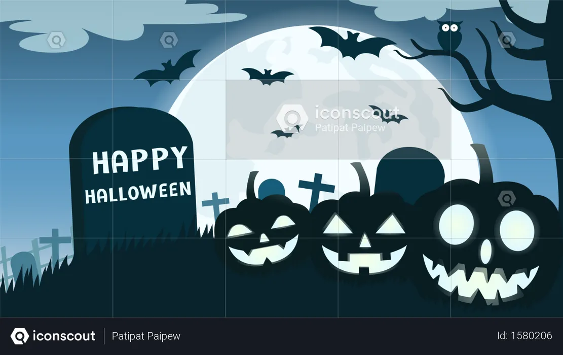 Halloween background with smile pumpkin devil in graveyard and the full moon  Illustration