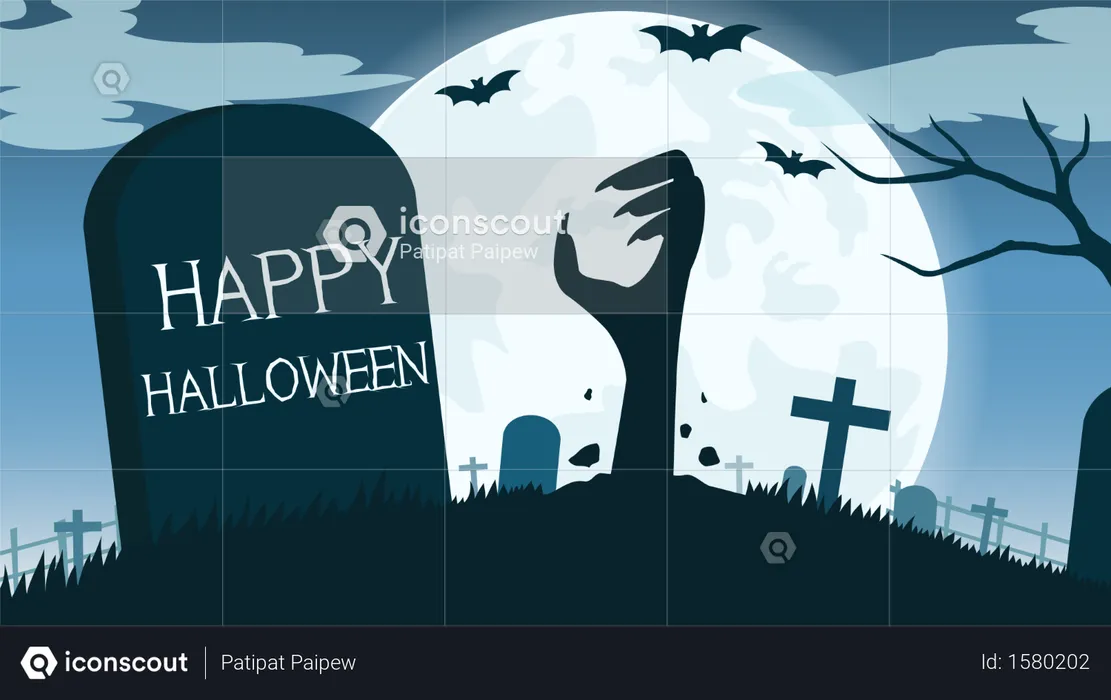 Halloween background with zombies hand in graveyard and the full moon  Illustration