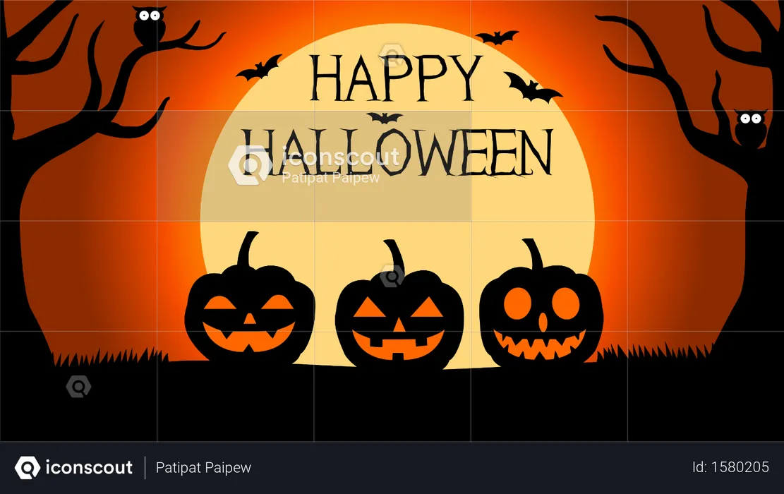 Halloween-Hintergrund mit Silhouetten von Kürbissen unter Vollmond  Illustration