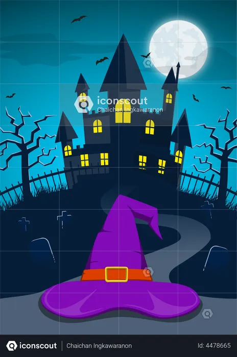 Halloween night with witch hat and spooky haunted castle  Illustration