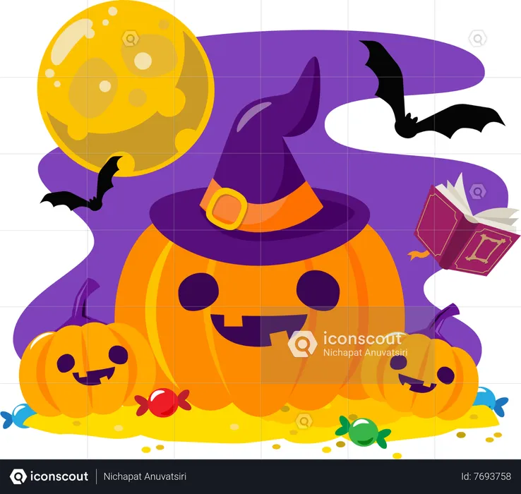 Spooky halloween pumpkin in witch hat and halloween characters in full moon night  Illustration