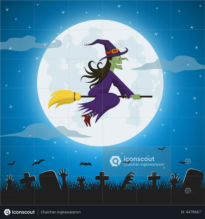 Halloween witch flying on magic broomstick  Illustration
