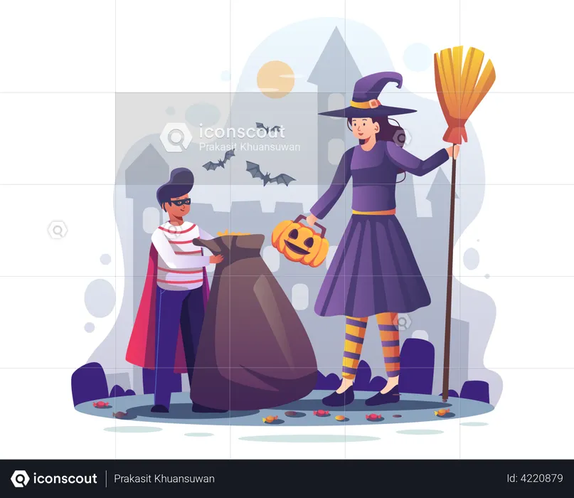 Halloween witch with scary pumpkin  Illustration