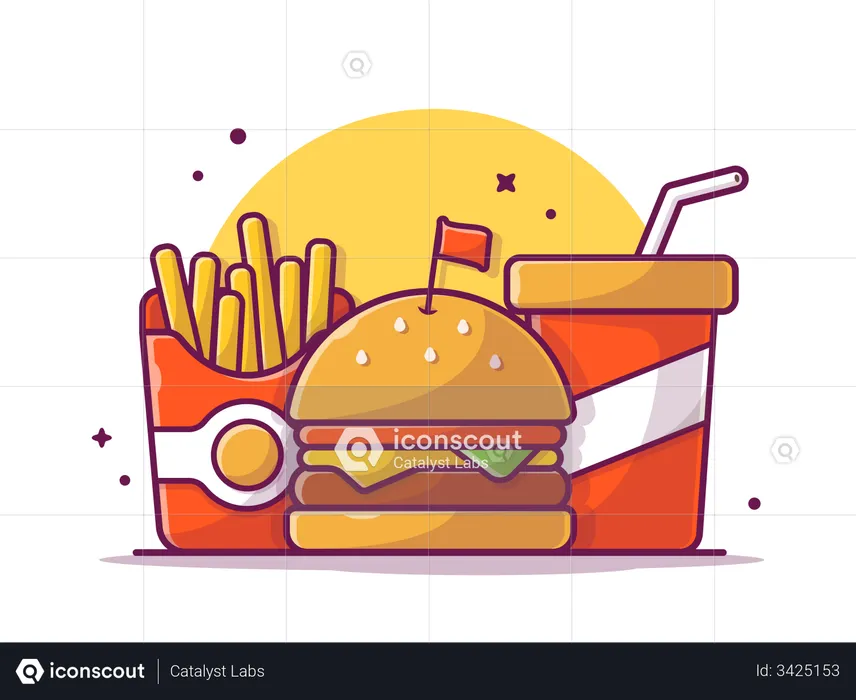 Refeição de hambúrguer com batatas fritas e bebida gelada  Ilustração