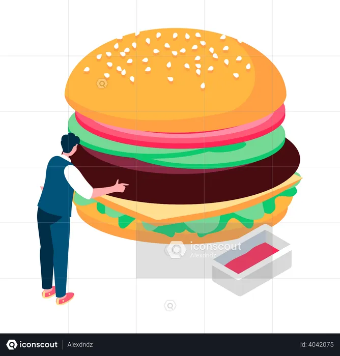 Hombre comiendo hamburguesa  Ilustración