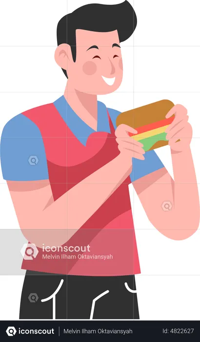 Hombre comiendo hamburguesa  Ilustración