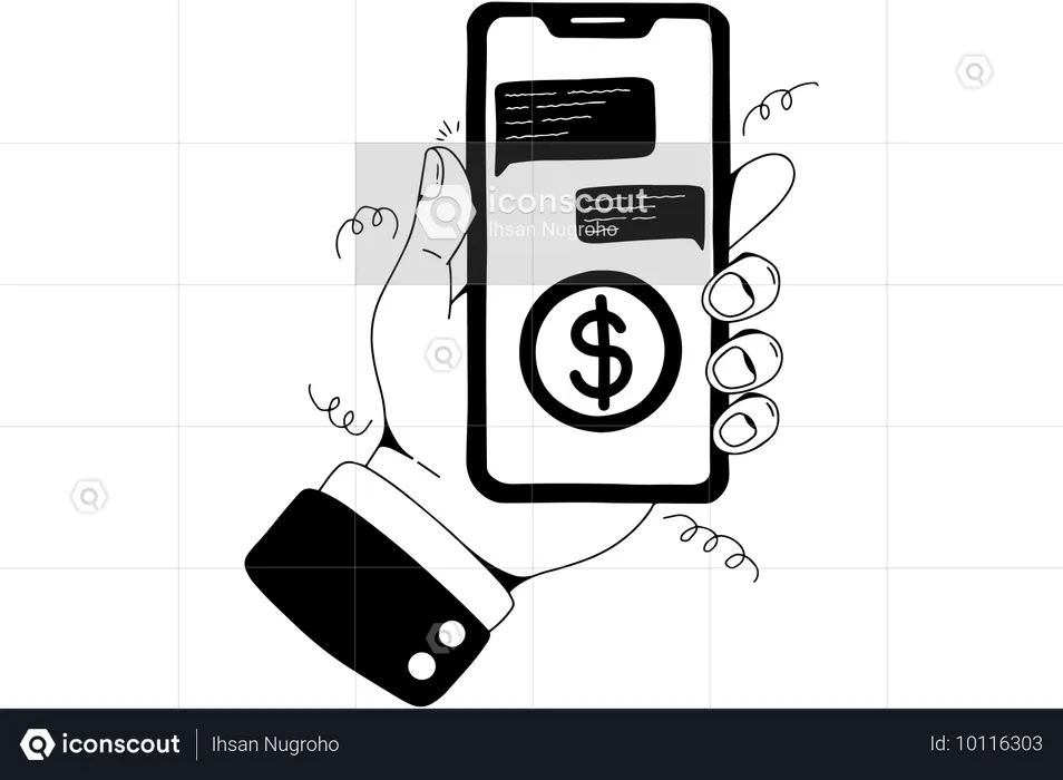 Han segurando o celular enquanto conversa sobre finanças  Ilustração