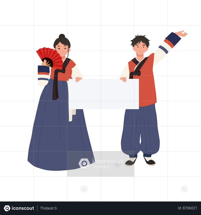 Hanbok couple showing blank sign  Illustration