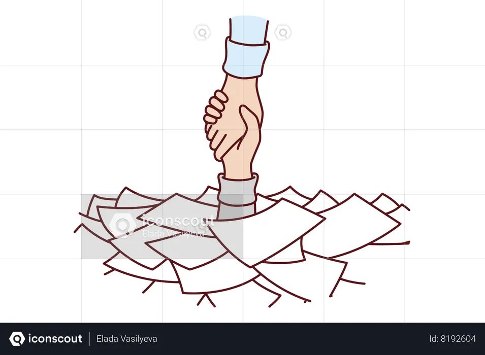 Hand among papers asks for help and salvation from bureaucracy  Illustration