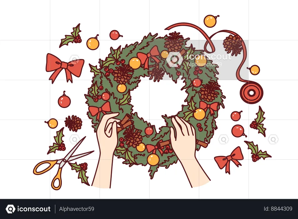 Hand decorating christmas wreath  Illustration