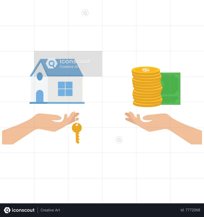 Hand gives home and the key to the other hand with money and cash  Illustration