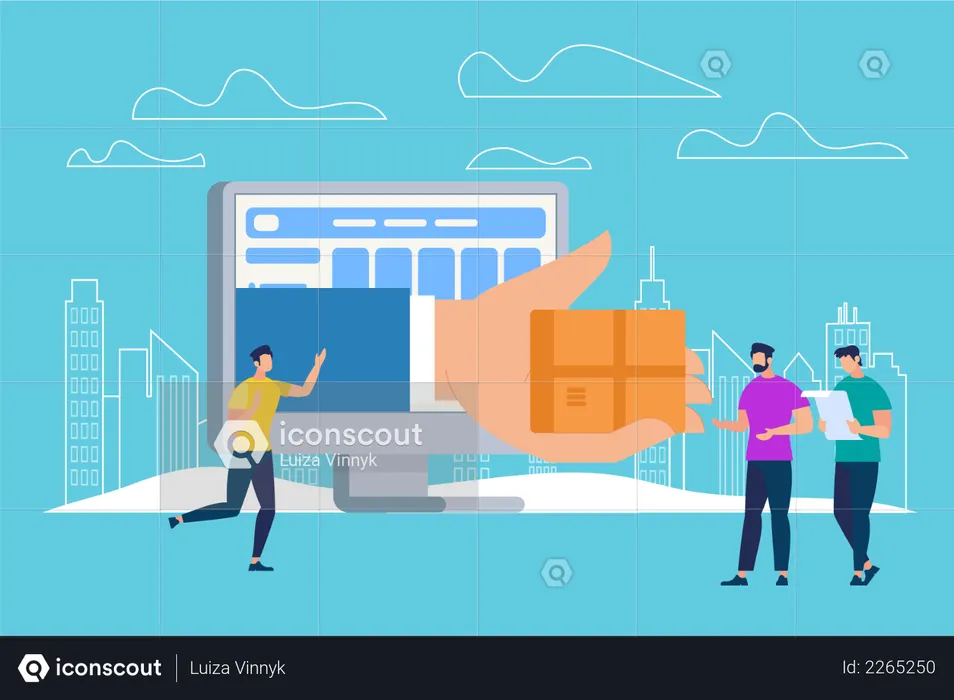 Hand Giving Parcel Box Through Huge Monitor Screen  Illustration