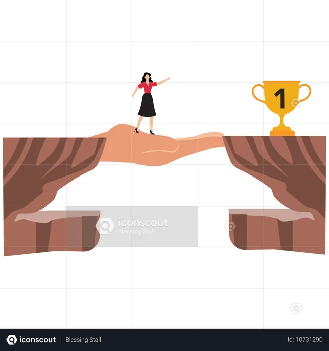 Hand helping businesswoman to reach success trophy  Illustration