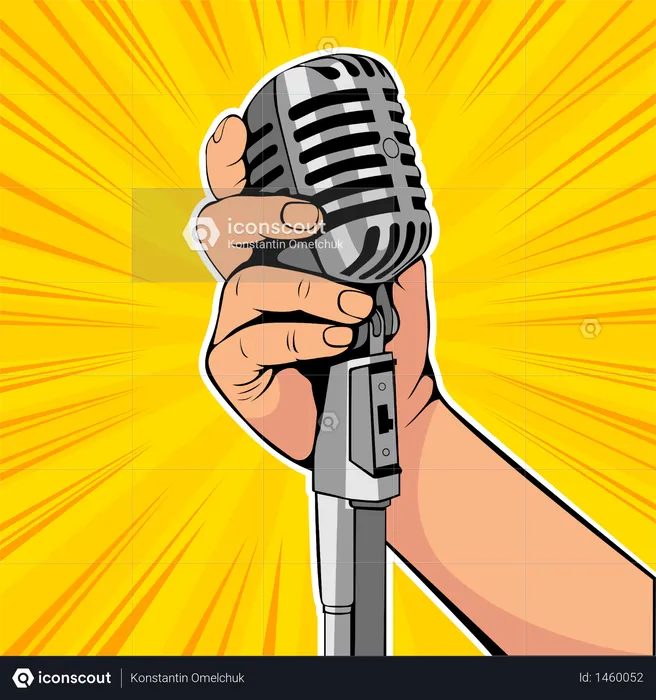 Hand hold microphone cartoon vector illustration. Retro poster comimc book performance. Entertainment halftone background.  Illustration