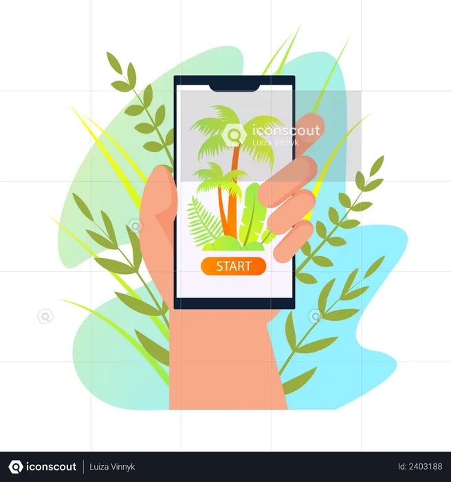 Hand Hold Smartphone with Palm Trees on Screen  Illustration