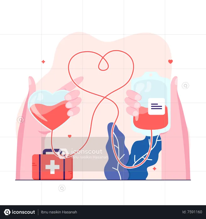 Hand holding blood bag transfers blood to hand holding heart-shaped blood bag  Illustration