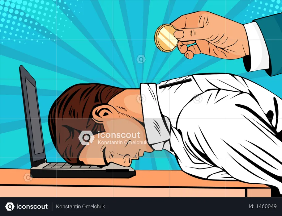 Hand holding coin inserting into back of businessman. Tired businessman on the laptop Vector business illustration of pay salary  Illustration