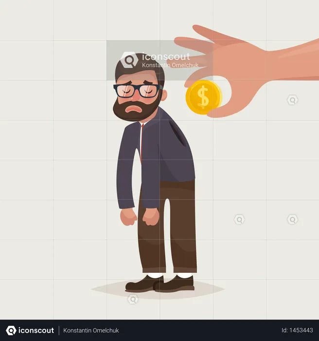 Hand holding coin inserting into back of businessman with glasses and beard  Illustration