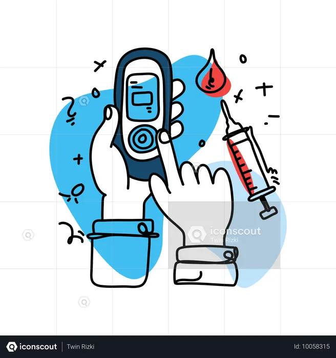 혈당 측정을 위해 포도당 측정기를 들고 있는 손  일러스트레이션