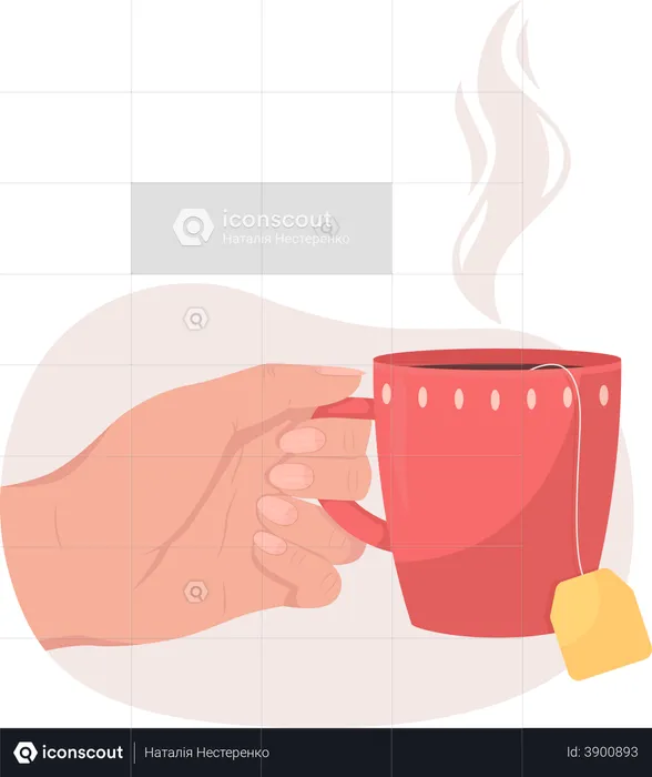 Hand holding hot cup of green tea  Illustration