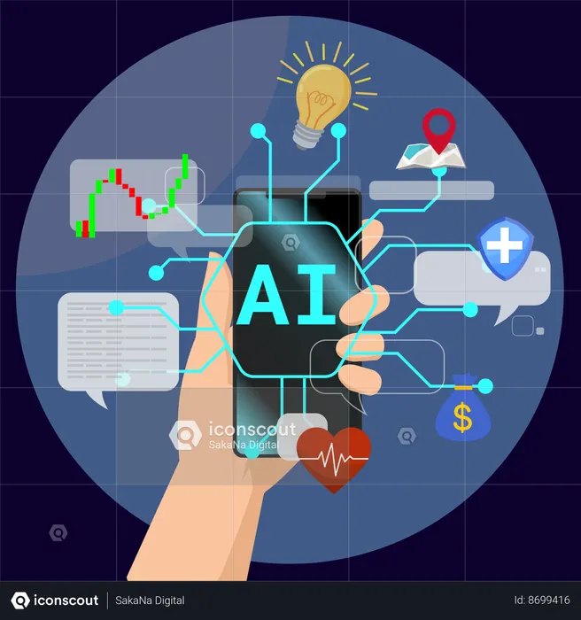 Hand holding mobile with Artificial intelligence  Illustration