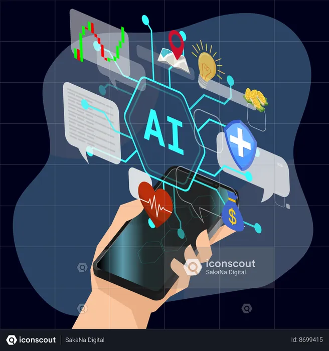 Hand holding mobile with Artificial intelligence  Illustration