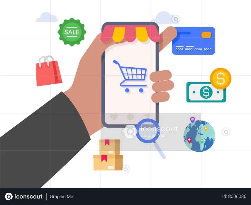 Hand holding mobile with online shopping app  Illustration