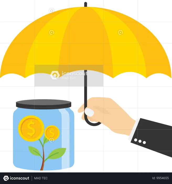 Hand holding umbrella for money protection  Illustration