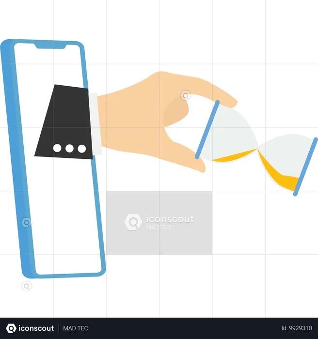 Hand human from smartphone trying to stop sandglass before it fall.  Illustration