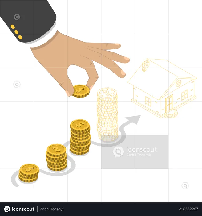 Hand is putting a coin to the one of pile that is representing savings  Illustration