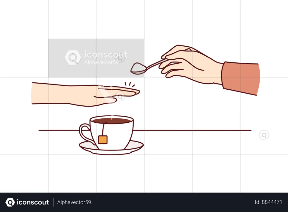Hand of person with diabetes and refusing sugar covering tea with palm to avoid increase in insulin  Illustration