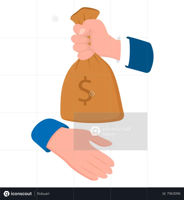 Hand passes bag of money to another person  Illustration