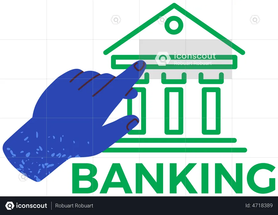 Hand points to bank building icon. Banking app for money transactions and business investment  Illustration