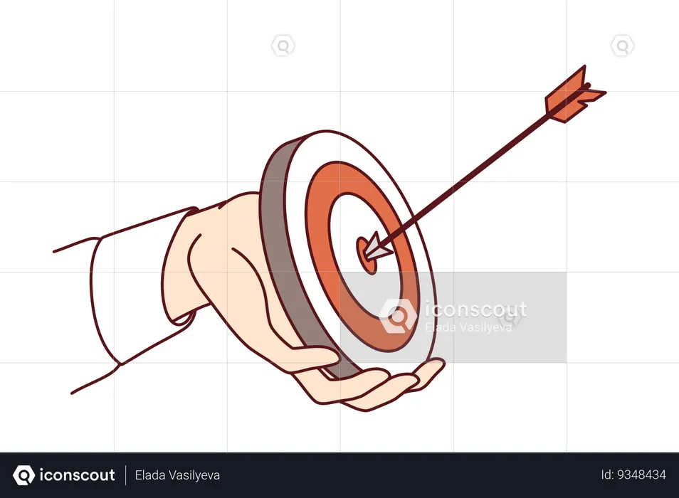 Hand purposeful business man holding dartboard with arrow hitting target  Illustration